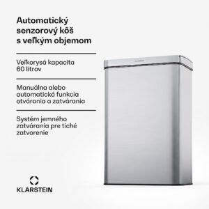 Klarstein Touchless, senzorový odpadkový kôš, 60 l, z nehrdzavejúcej ocele, Soft-Close zatváranie, napájaný batériou, LED displej, časovač