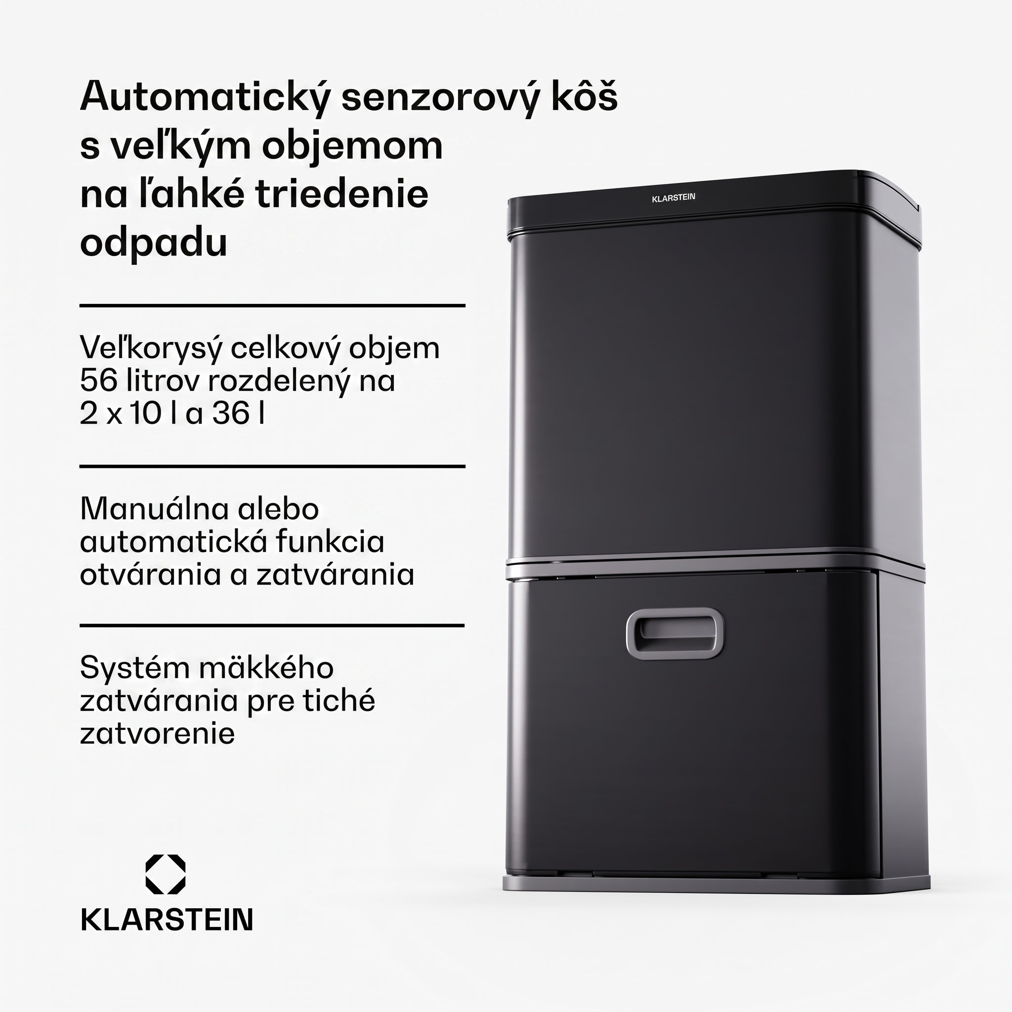 Klarstein Bezdotykový senzorový odpadkový kôš 56L nerez, soft-close, 3 nádoby, LED displej, časovač