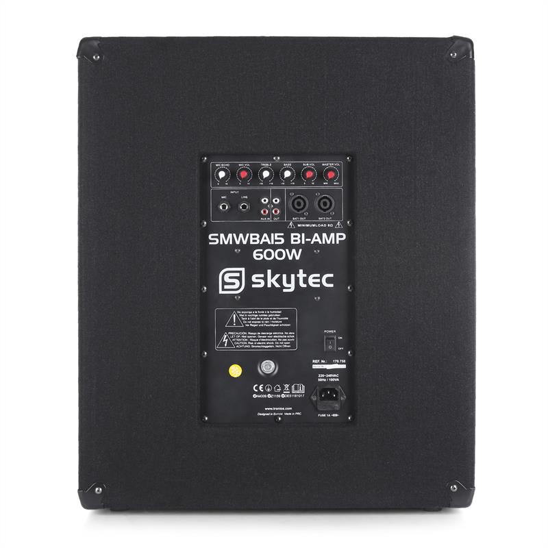 Skytec SMWBA15, aktívny PA subwoofer, bi-amp, AUX, MIC – Obrázok 2