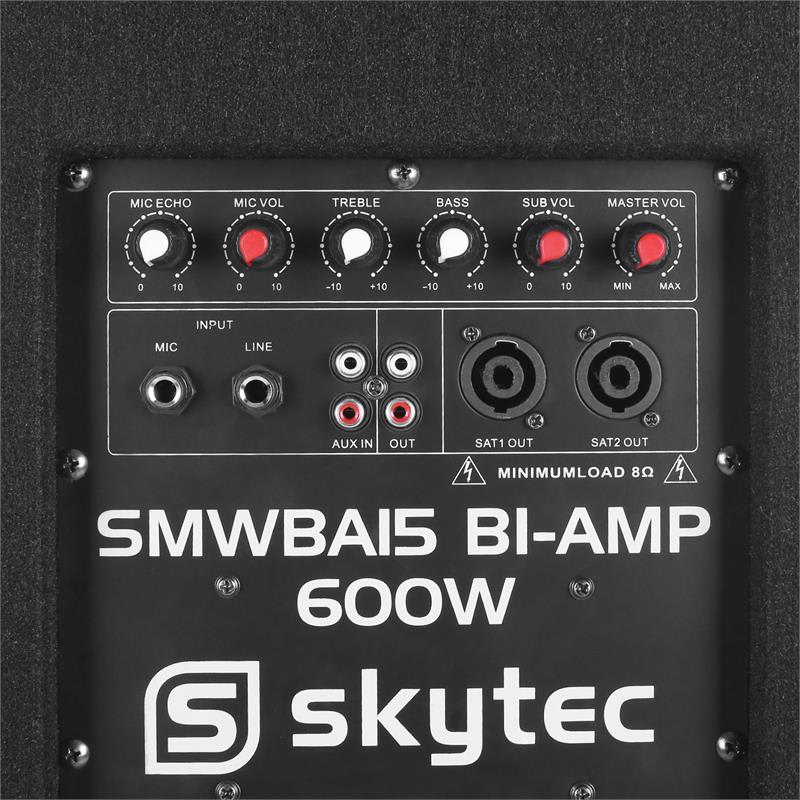 Skytec SMWBA15, aktívny PA subwoofer, bi-amp, AUX, MIC – Obrázok 3