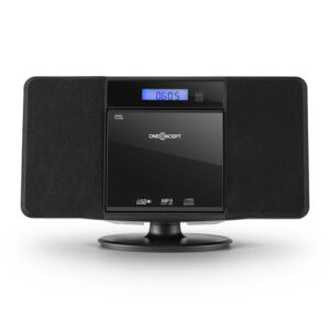 OneConcept V-13, čierny sterosystém s CD MP3 USB rádiom a budíkom, nástenná montáž