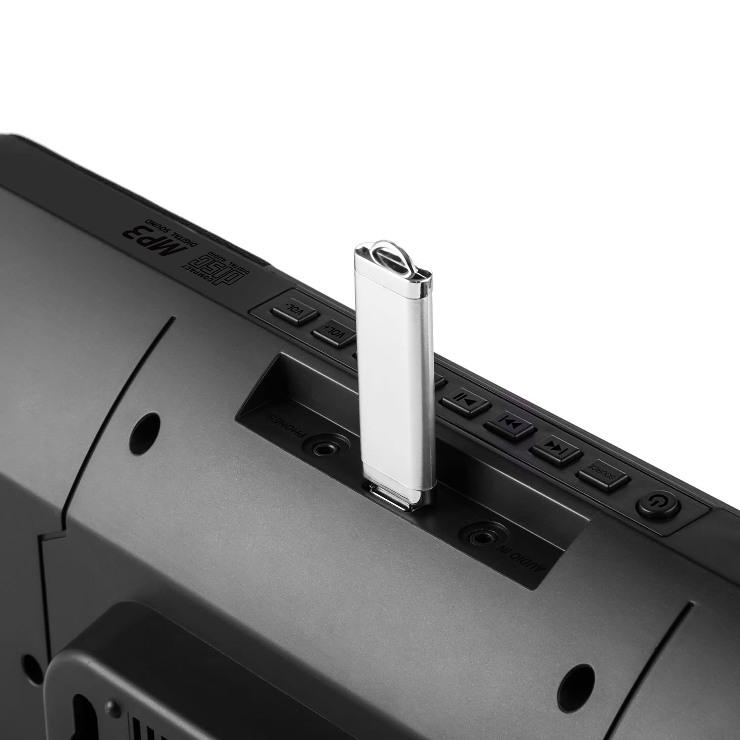 OneConcept V-13, čierny sterosystém s CD MP3 USB rádiom a budíkom, nástenná montáž – Obrázok 4
