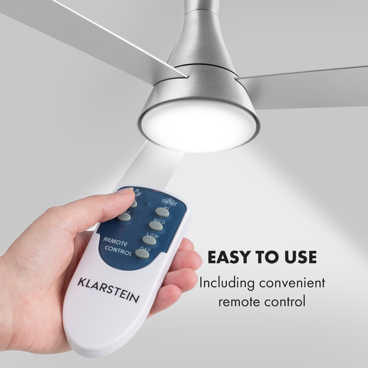 Klarstein Steletto, stropný ventilátor so svietidlom, 55 W, 134 cm, diaľkový ovládač, hliník – Obrázok 2