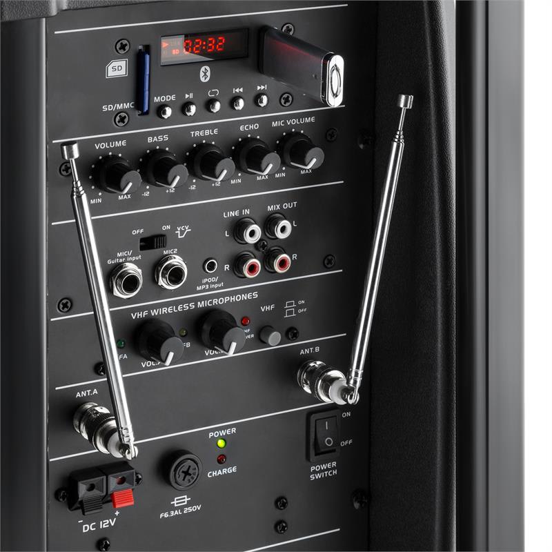 Malone Bushfunk 30, aktívny PA reproduktor, 700 W, bluetooth, akumulátor, USB, SD, MP3 VHF – Obrázok 3