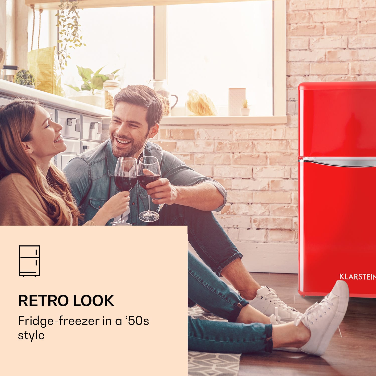 Klarstein Monroe Red, kombinovaná chladnička, 61/24 l, energet. trieda F, Retrolook, červená