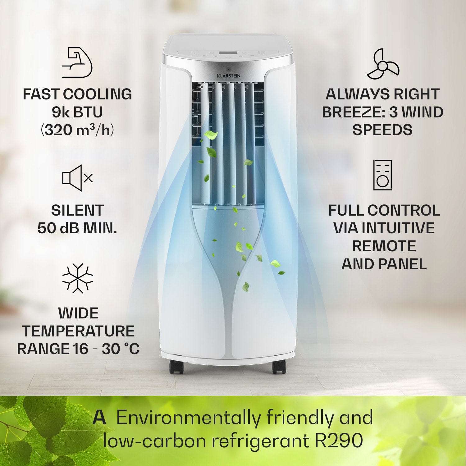 Klarstein New Breeze 9, mobilná klimatizácia, 2.7 kW, trieda energetickej účinnosti A, diaľkový ovládač, biela – Obrázok 2