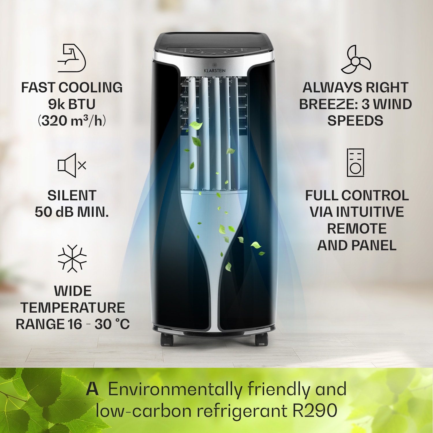 Klarstein New Breeze 9, mobilná klimatizácia, 2.7 kW, trieda energetickej účinnosti A, diaľkový ovládač, čierna – Obrázok 2