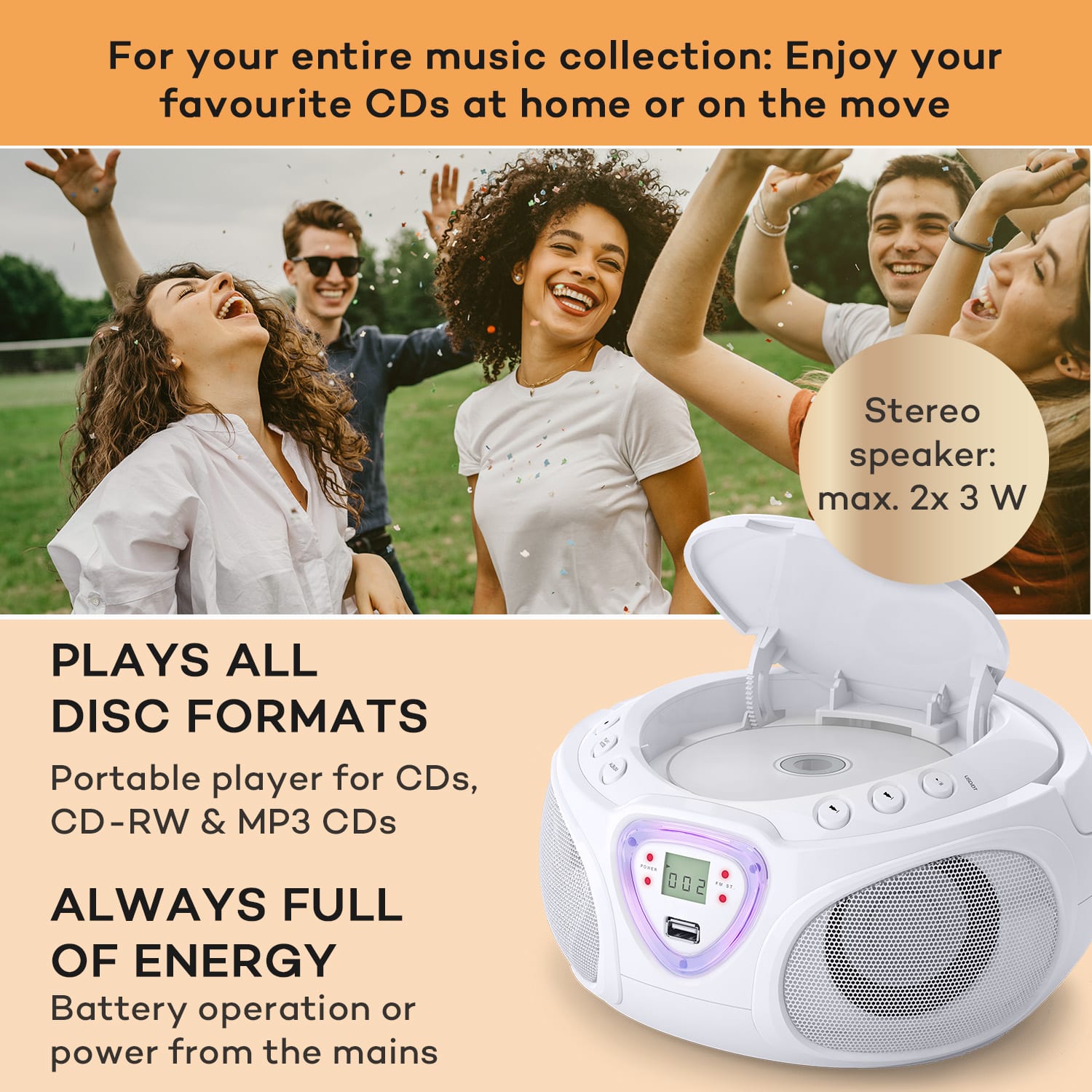 Auna Roadie CD Boombox UKW rádio, Svetelná show, CD prehrávač, Bluetooth 5.0 – Obrázok 2