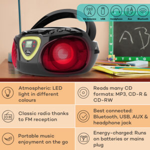 Auna Roadie CD Boombox UKW rádio, Svetelná show, CD prehrávač, Bluetooth 5.0