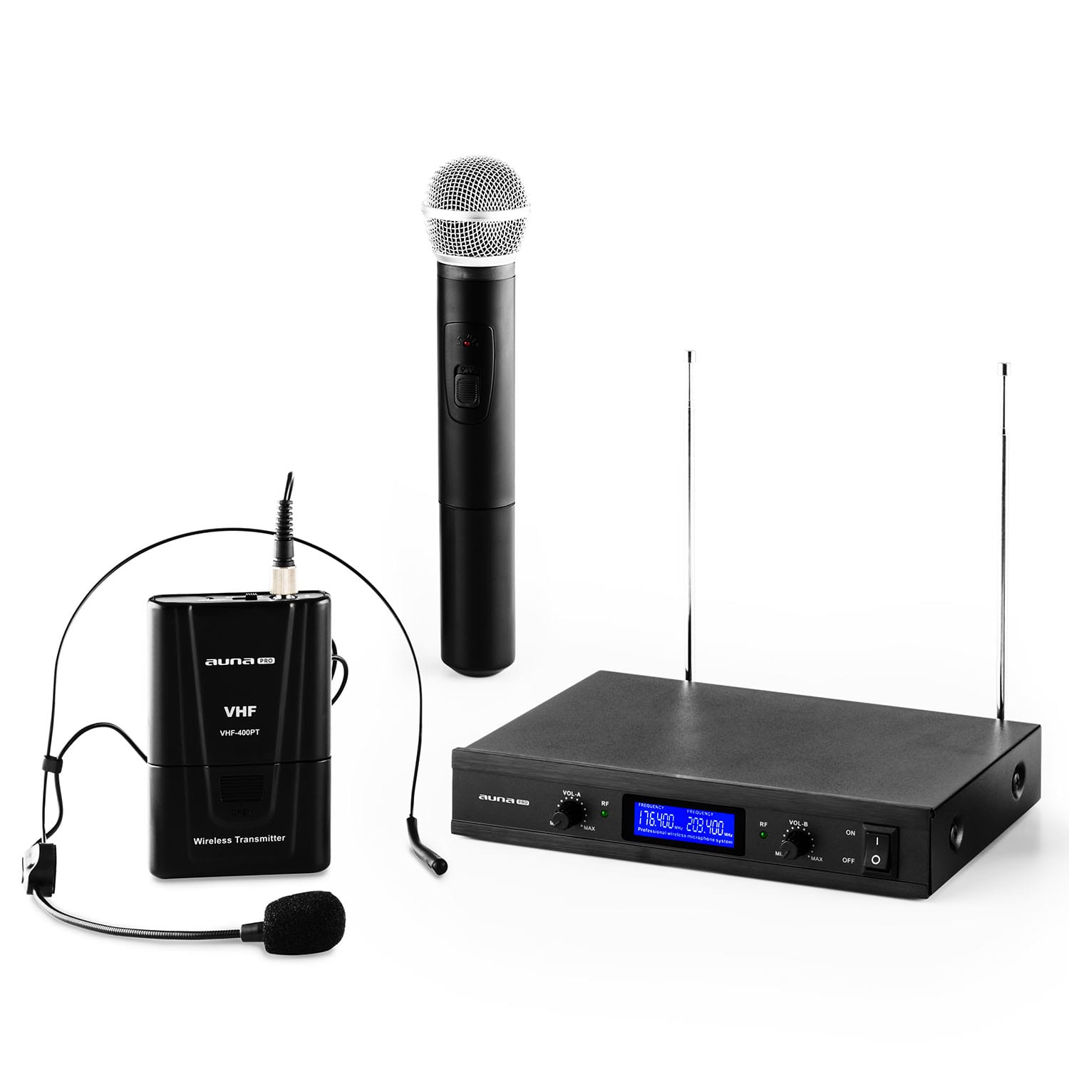 Auna Pro VHF-400 Duo 3, 2-kanálová sada VHF bezdrôtových mikrofónov, 1 x headset mikrofón + 1 x ručný mikrofón – Obrázok 3