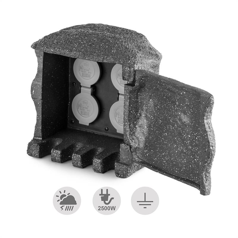 Waldbeck Power Rock Remote, záhradná zásuvka, 4-itý rozdeľovač, 3 m, diaľkové ovládanie, skala, tmavosivá