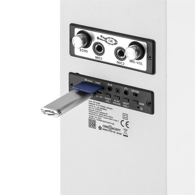 OneConcept Tallboy, biely, karaoke reproduktor, akumulátor, bluetooth, USB, SD, MP3, FM, AUX, 2 x mikrofón – Obrázok 3