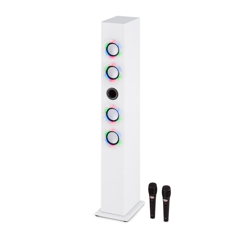 OneConcept Tallboy, biely, karaoke reproduktor, akumulátor, bluetooth, USB, SD, MP3, FM, AUX, 2 x mikrofón – Obrázok 5