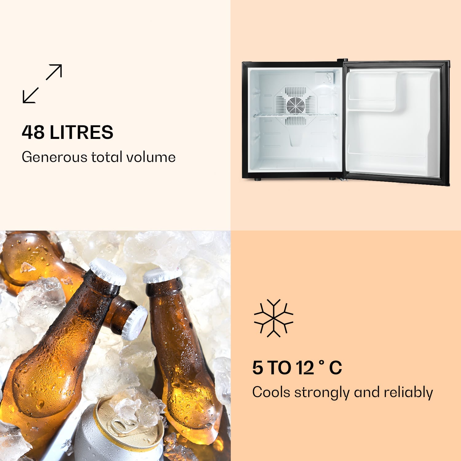 Klarstein CoolTour, chladnička, na nápoje a potraviny, 48 l, 70 W, 5-12 °C, 35 dB, čierna