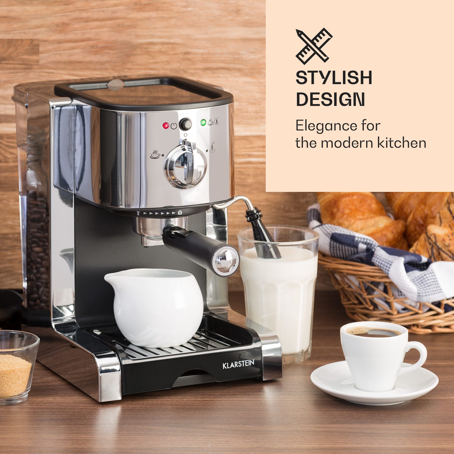 Klarstein Passionata 20, pákový kávovar, 1350 W, 20 bar, 1,25 l, 6 šálok, napeňovač mlieka