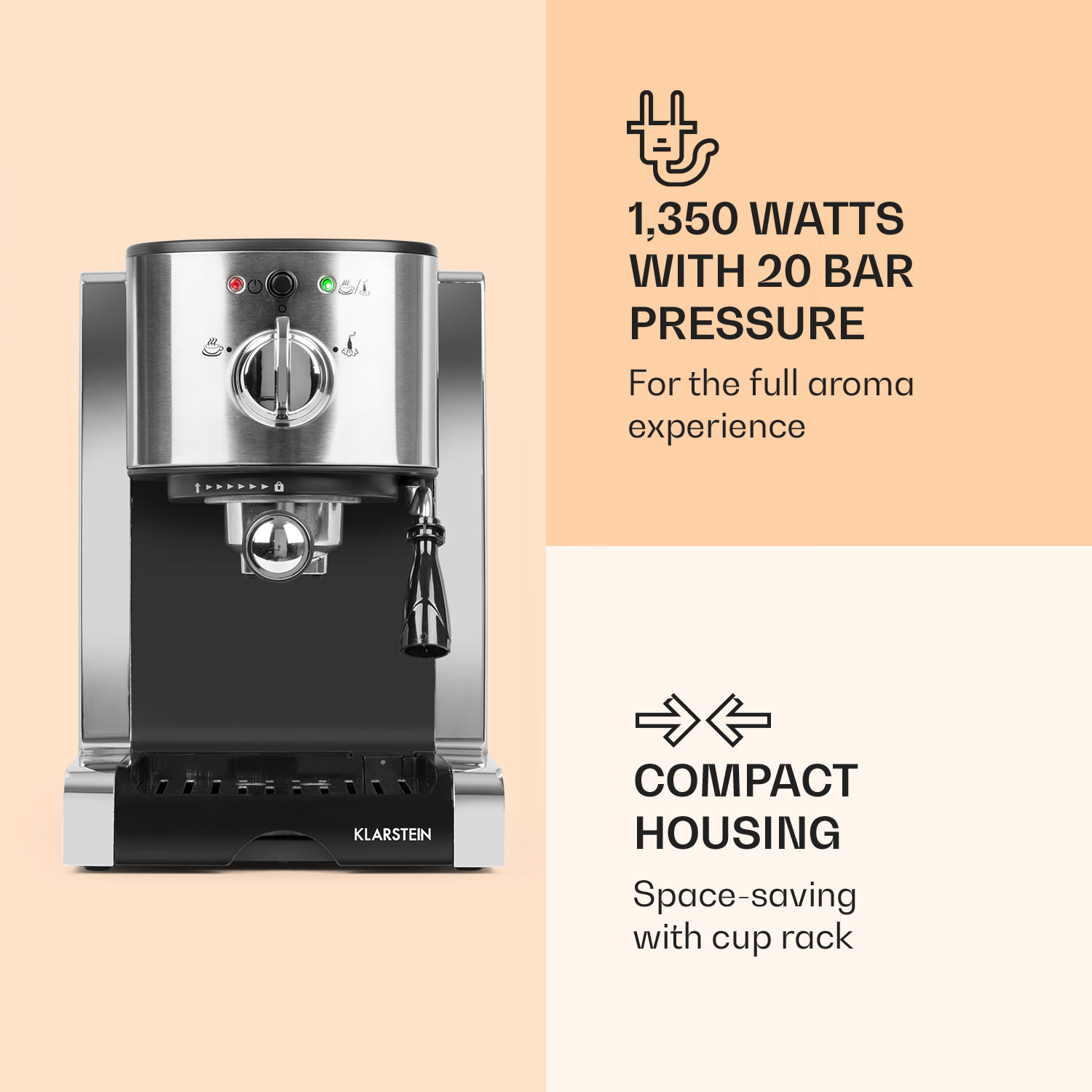 Klarstein Passionata 20, pákový kávovar, 1350 W, 20 bar, 1,25 l, 6 šálok, napeňovač mlieka – Obrázok 2