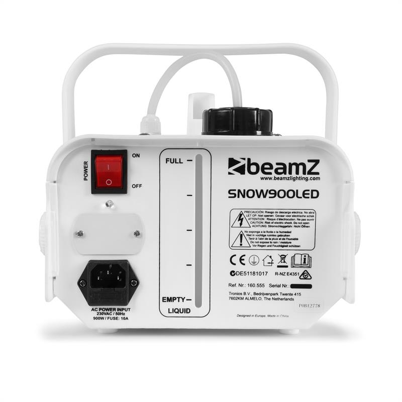 Beamz SNOW 900 LED, 900 W, biely, snehostroj s LED svetlami 3 v 1, 1 l nádrž, diaľkové ovládanie