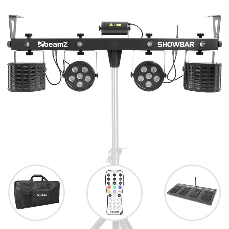 Beamz ShowBar 2x PAR 2x Butterfly R/G-Laser vrátane pedálového spínača a diaľkového ovládania