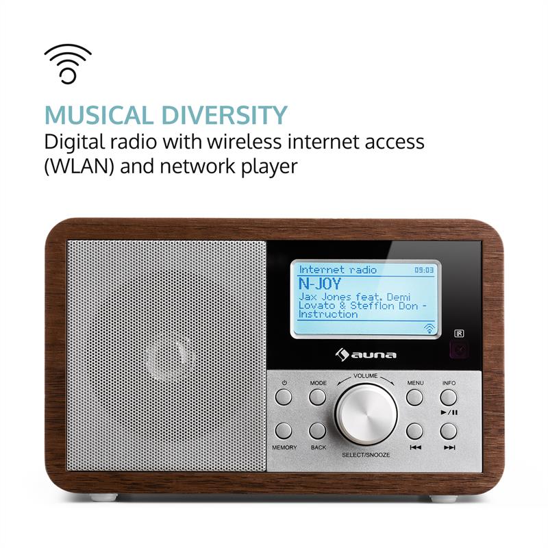 Auna Worldwide Mini, internetové rádio, WLAN, sieťový prehrávač, USB, MP3, AUX, FM tuner, orech – Obrázok 2