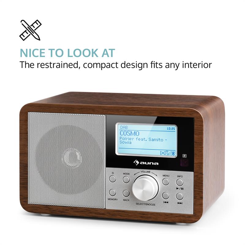 Auna Worldwide Mini, internetové rádio, WLAN, sieťový prehrávač, USB, MP3, AUX, FM tuner, orech – Obrázok 4