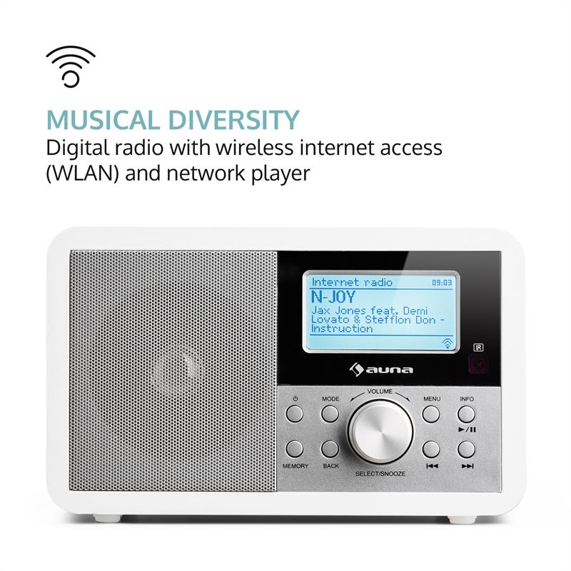 Auna Worldwide Mini, internetové rádio, WLAN, sieťový prehrávač, USB, MP3, AUX, FM tuner, biela farba – Obrázok 2