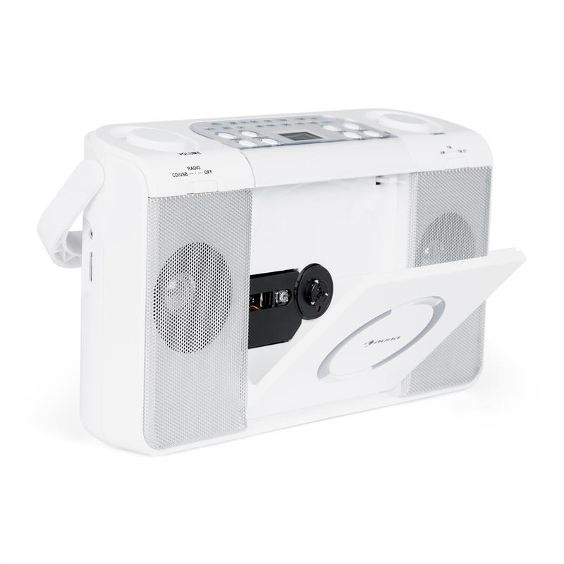 Auna Boomtown USB, boombox, CD prehrávač, FM rádio, MP3, prenosné kufríkové rádio, biely – Obrázok 2