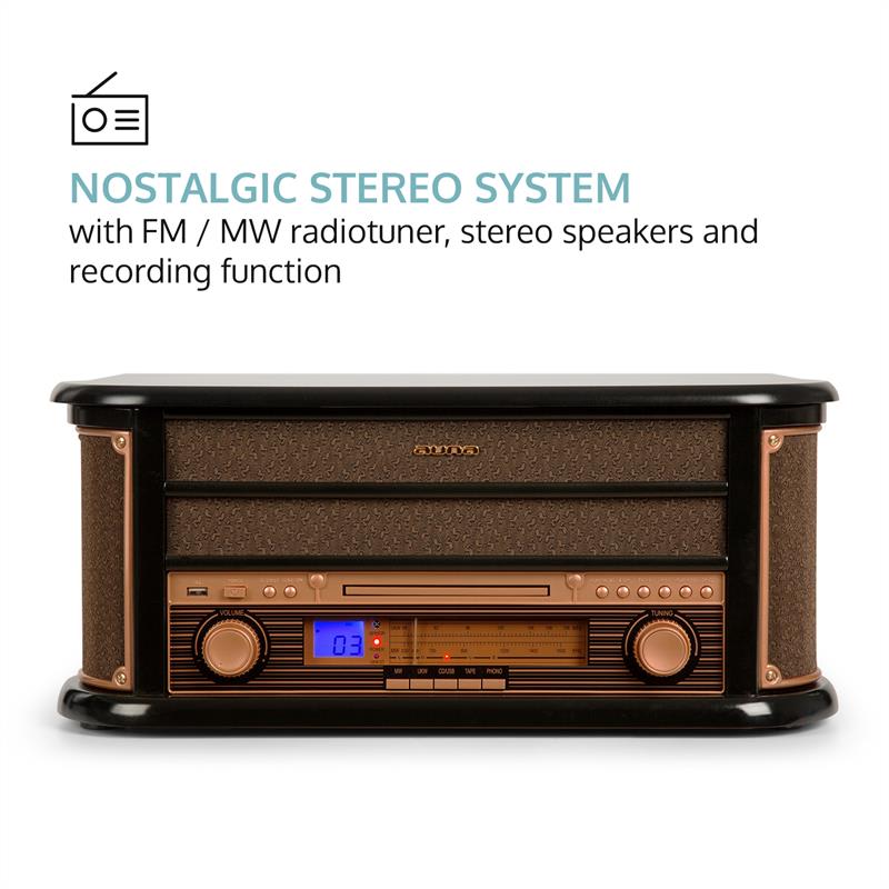 Auna Belle Epoque 1908, retro stereo systém, gramofón, rádio, USB, CD, MP3, mikrosystém – Obrázok 2