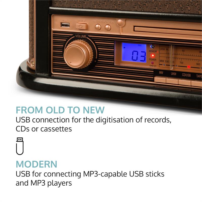 Auna Belle Epoque 1908, retro stereo systém, gramofón, rádio, USB, CD, MP3, mikrosystém – Obrázok 3