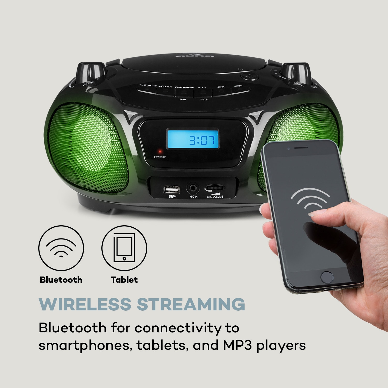 Auna Roadie Sing CD Boombox FM rádio Svetelná show CD prehrávač Mikrofón – Obrázok 2