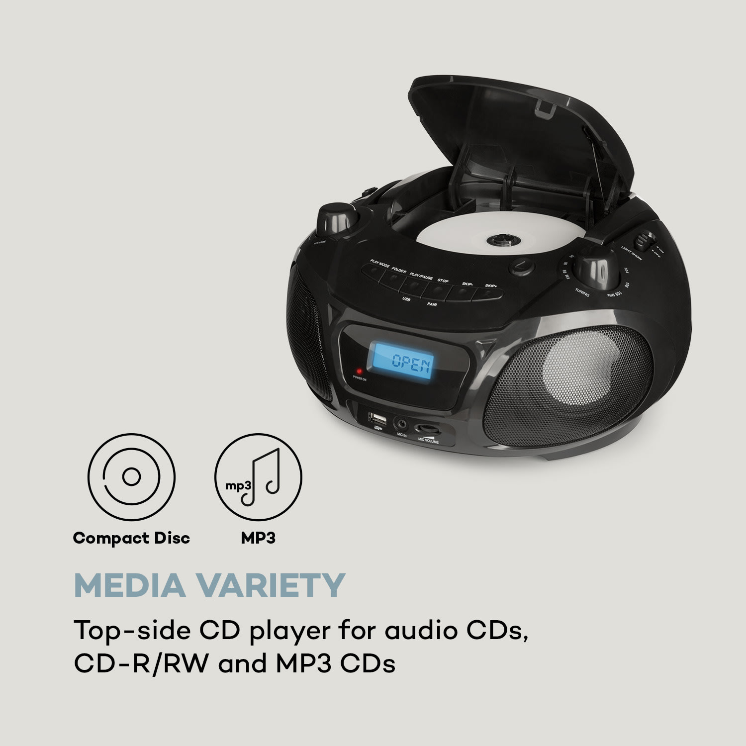 Auna Roadie Sing CD Boombox FM rádio Svetelná show CD prehrávač Mikrofón – Obrázok 4
