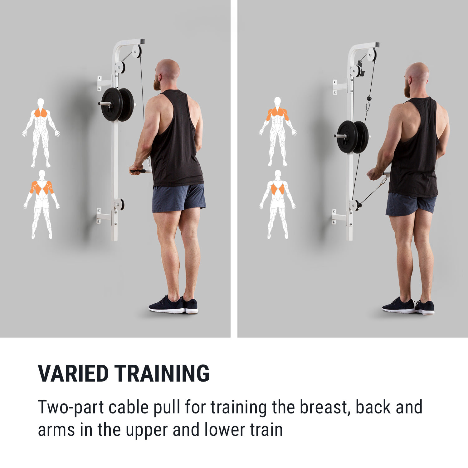 KLARFIT Stronghold , posilňovacia kladka, montáž na stenu, 100 kg, 2,5 m kábel, tricepsová tyč, biela