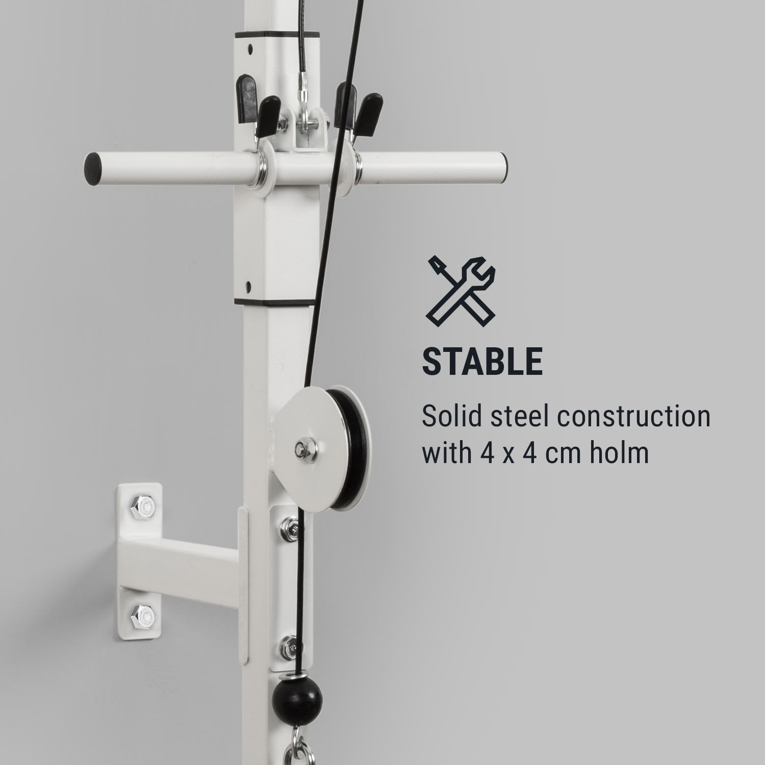 KLARFIT Stronghold , posilňovacia kladka, montáž na stenu, 100 kg, 2,5 m kábel, tricepsová tyč, biela – Obrázok 2