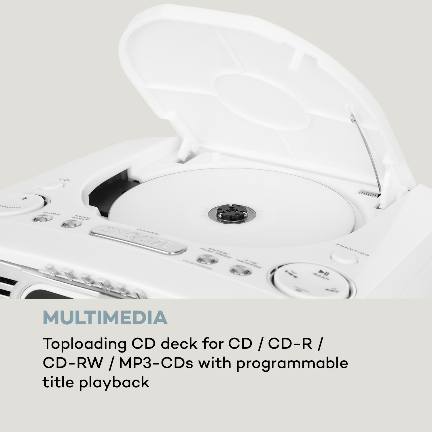 Auna Dreamee DAB+, rádiobudík, CD prehrávač, DAB+/FM, CD-R/RW/MP3, AUX, retro, biely – Obrázok 3