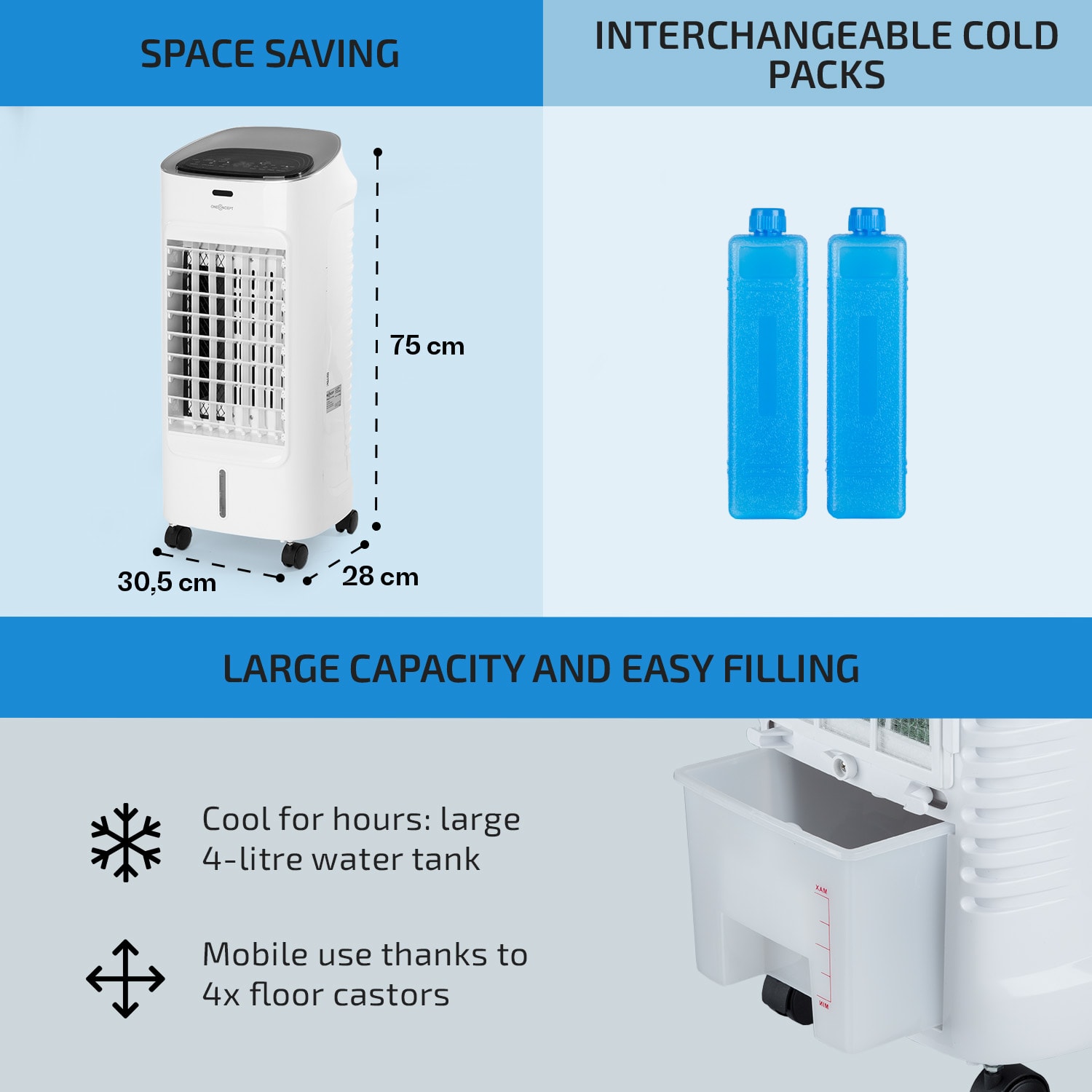 OneConcept Coolster, ochladzovač vzduchu, ventilátor, ionizátor, 60 W, 320 m³/h , 4 l, biely – Obrázok 5