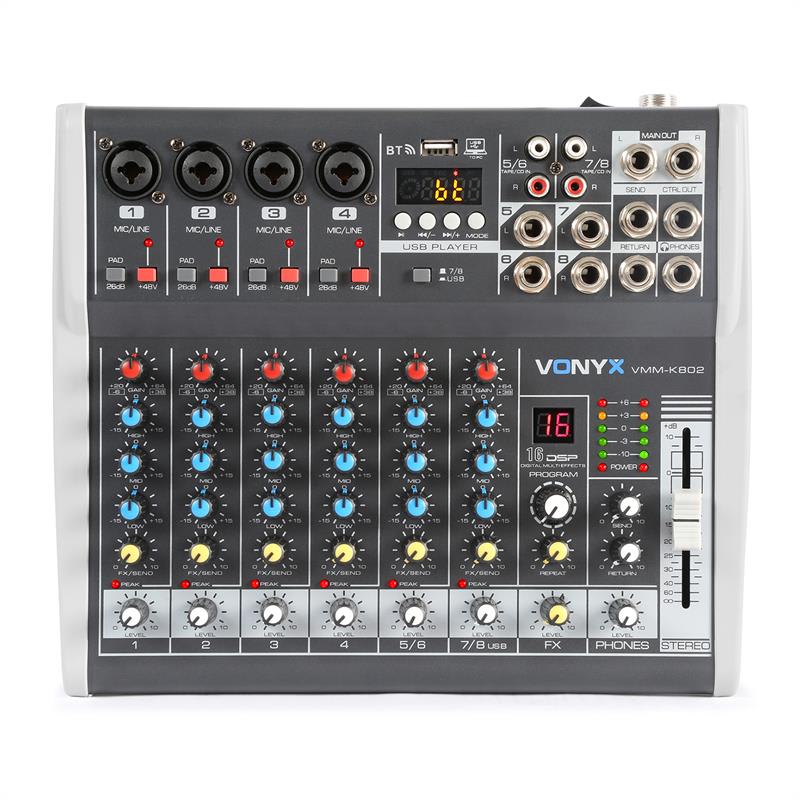 Vonyx VMM-K802, 8-kanálový mixér, USB port, BT prijímač, 16 DSP, +48 V phantom napájanie