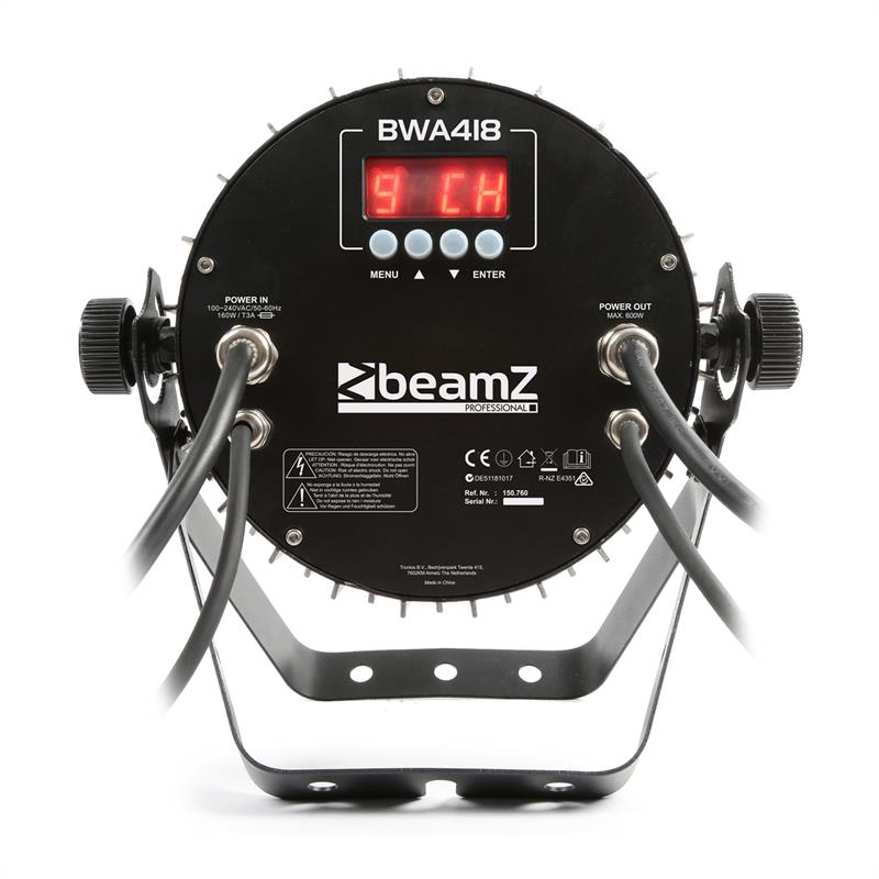 Beamz BWA418 LED PAR, reflektor, 18x12W, 4v1, LED svetlá, RGBW, IP65, čierna farba