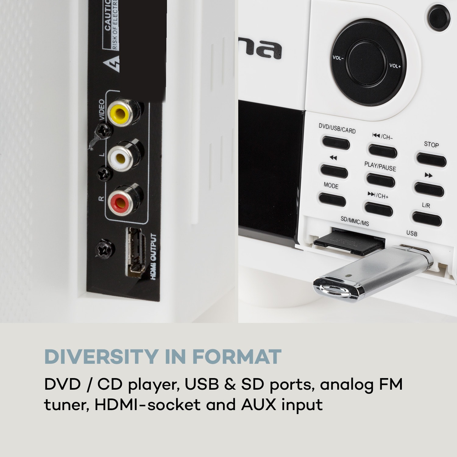 Auna MCD-82 BT, vertikálny stereo systém, DVD/CD, bluetooth, USB/SD, FM, HDMI, biely – Obrázok 4