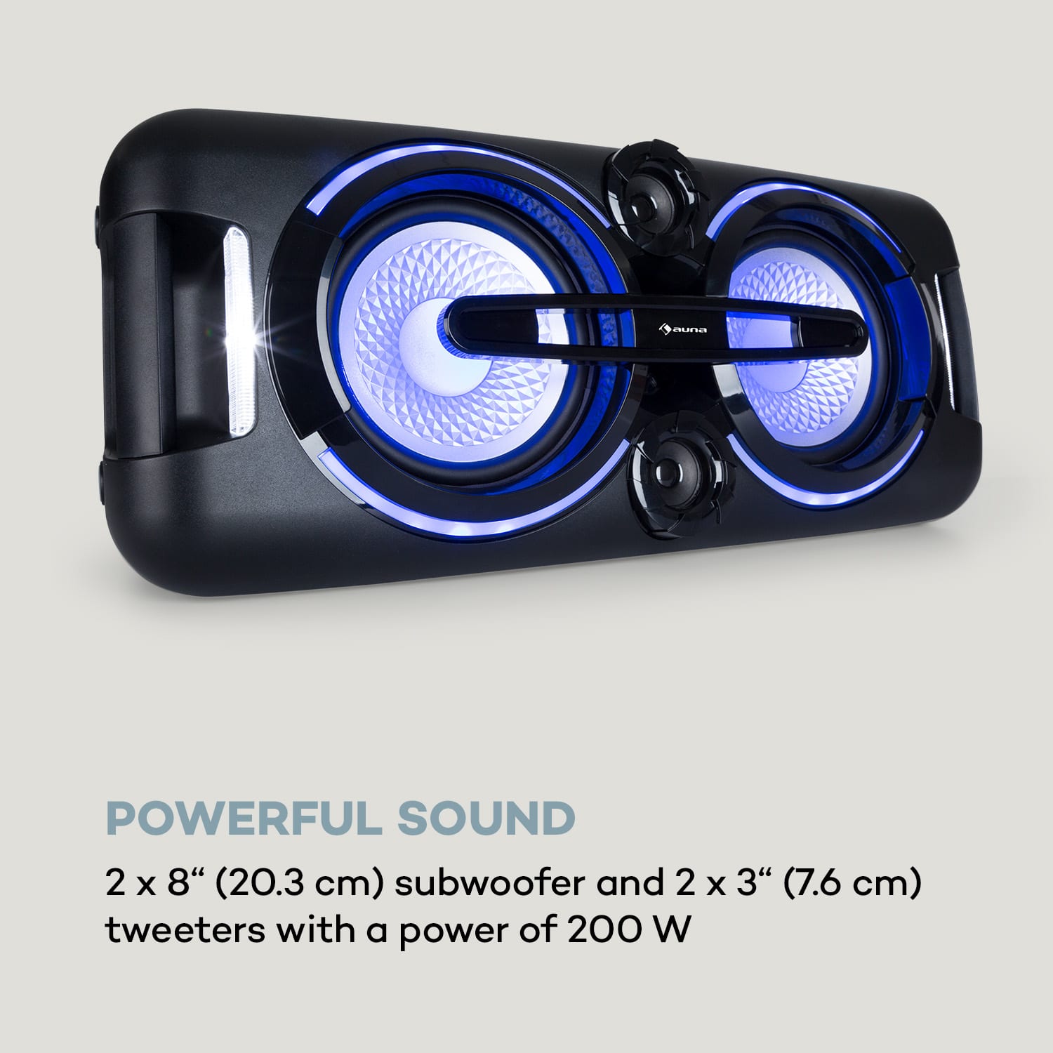 Auna Bazzter, párty zvukový systém, 2 x 50 W RMS, akumulátor, BT, USB, MP3, AUX, LED, mikrofón – Obrázok 2