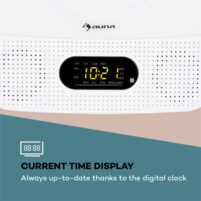 Auna Vertiplay, CD prehrávač, bluetooth, nočné svetlo, FM rádio, AUX, digitálne hodiny, biely – Obrázok 3