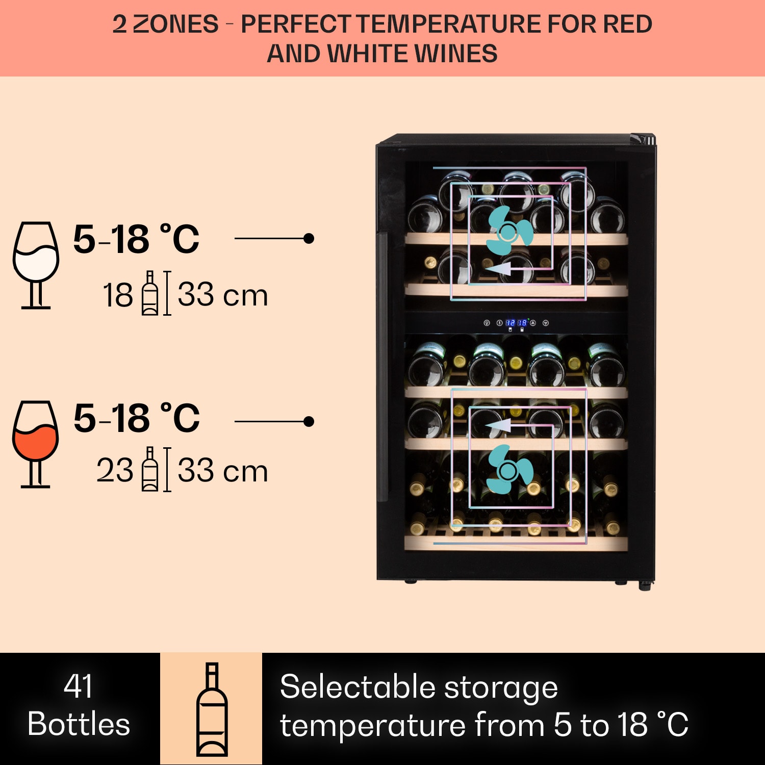 Klarstein Barossa 40D, vinotéka, 135 l, 2 zóny, 41 fliaš, sklenené dvere, dotyková – Obrázok 2