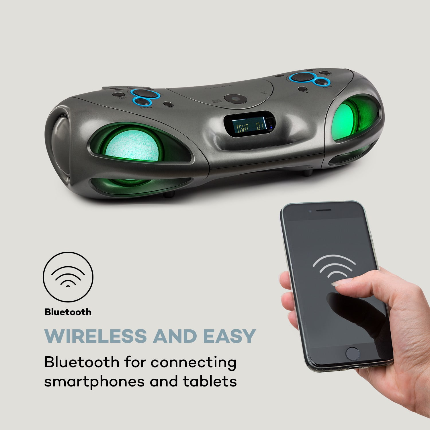 Auna Spacewoofer, boombox, CD prehrávač, FM rádio, bluetooth, diaľkový ovládač, sivý – Obrázok 4