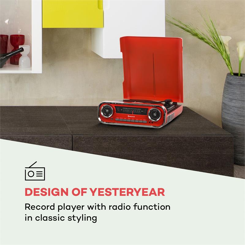 Auna Challenger, LP gramofón, bluetooth, VHF-rádio, USB, červený
