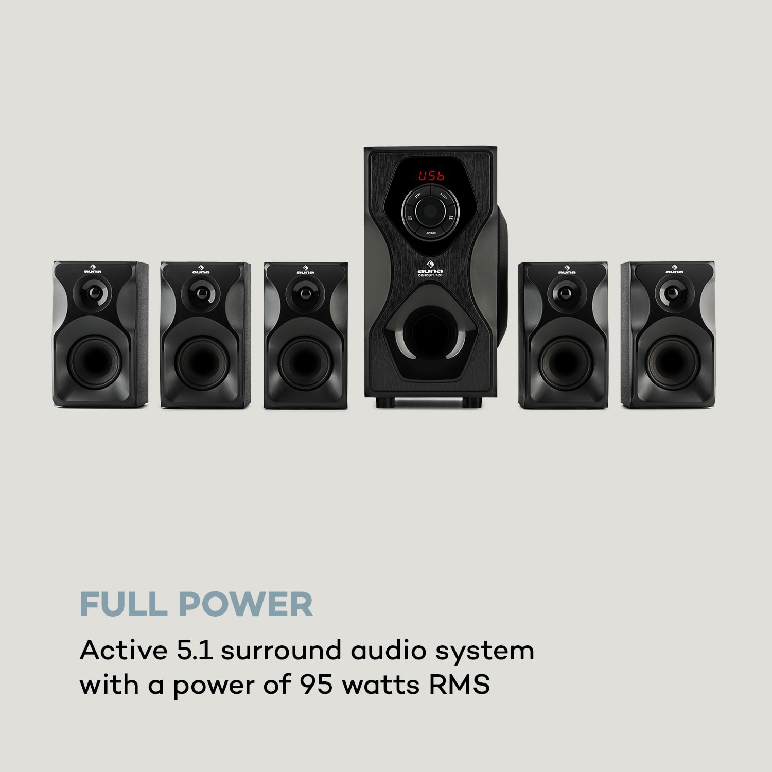 Auna Concept 720, 5.1 reproduktorový systém, 95 W, OneSide subwoofer, BT, USB, SD – Obrázok 2