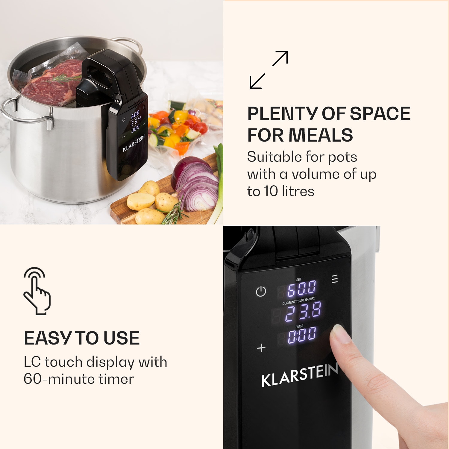 Klarstein Quickstick Free, Sous Vide varič, 0 - 95 °C, LCD dotykový displej, čierne – Obrázok 3