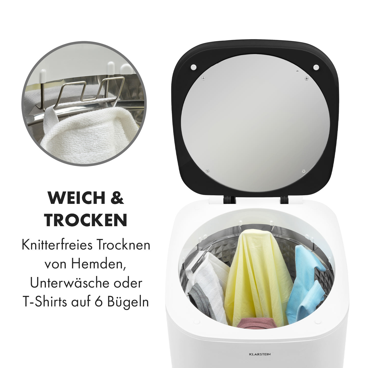 Klarstein Zap Dry, sušička bielizne, 820 W, 50 l, dotykový ovládací panel, LED, biela/čierna – Obrázok 3