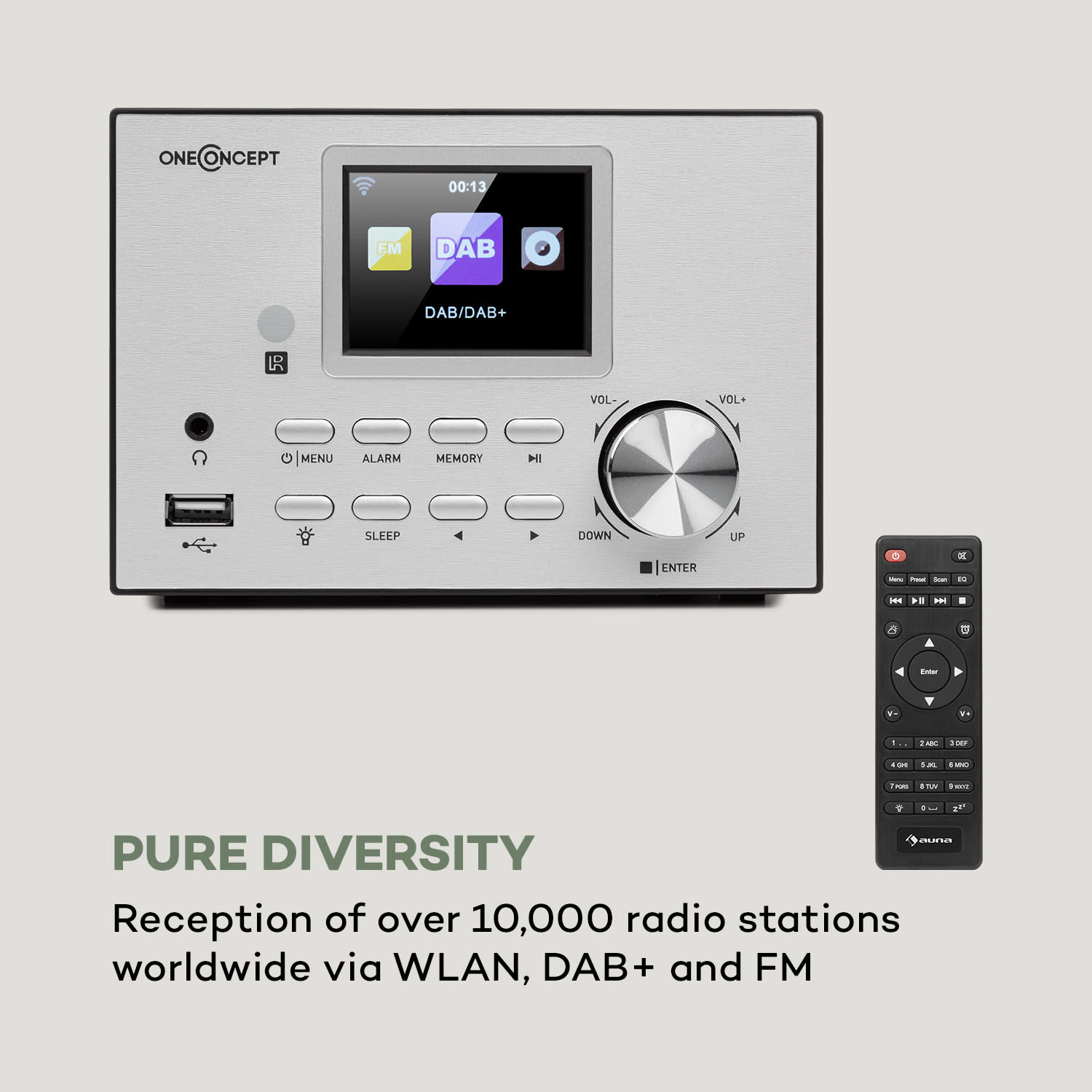 OneConcept Streamo, stereo systém s internetovým rádiom, WLAN, DAB+, FM, CD prehrávač, BT, strieborný – Obrázok 2