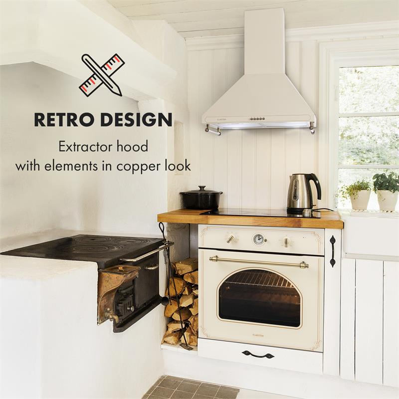 Klarstein Victoria, digestor, 60 cm, retro dizajn, 645 m³/h, 2 LED svetlá, slonová kosť – Obrázok 3