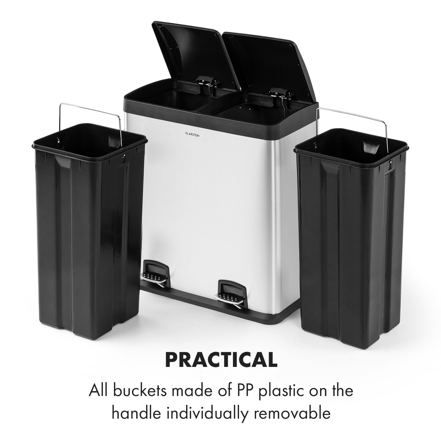 Klarstein Johnny Trash XL, pedálový odpadkový kôš, 60 l/2 x 30 l, PP, ušľachtilá oceľ, kartáčovaná – Obrázok 4