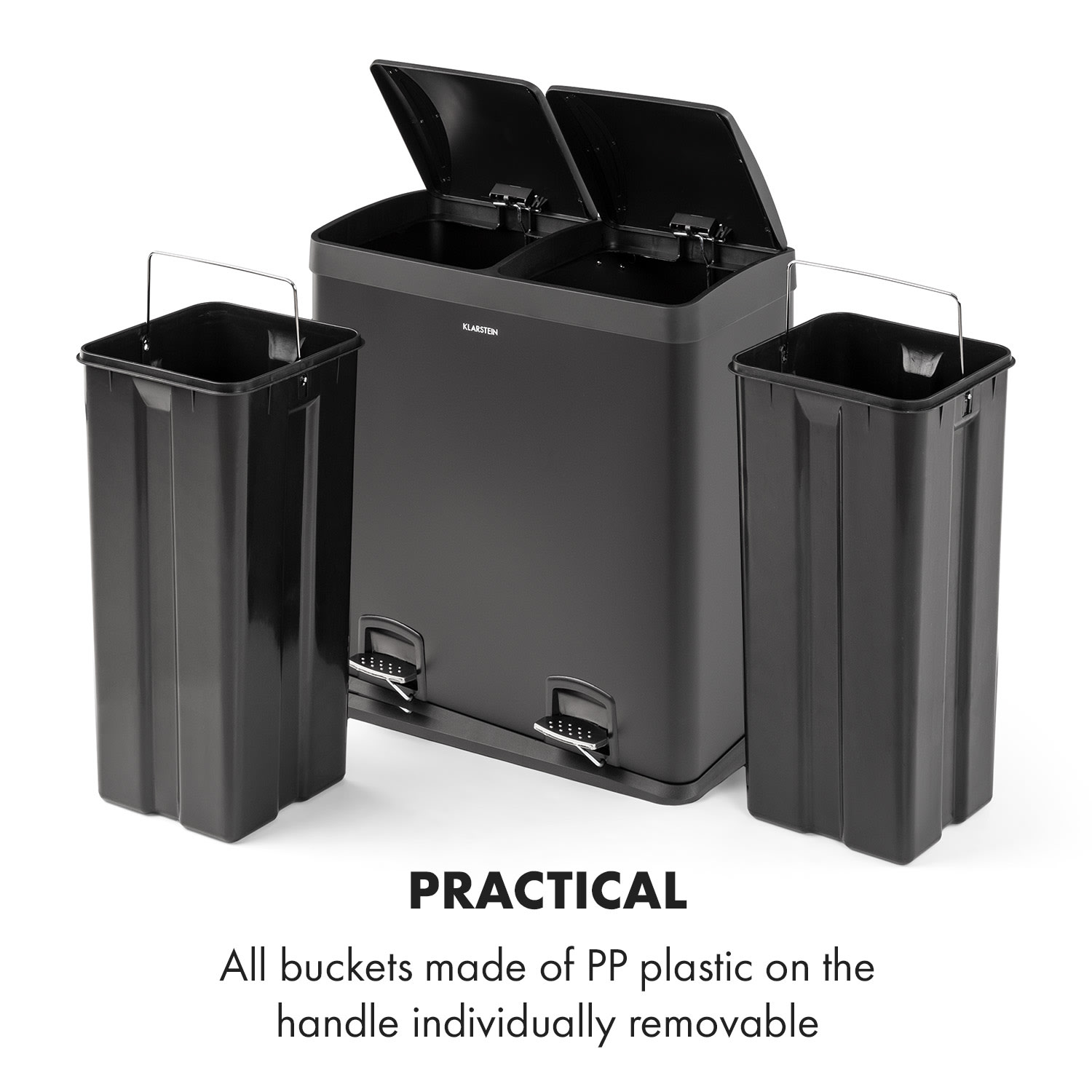 Klarstein Johnny Trash XL, pedálový odpadkový kôš, 60 l/2 x 30 l, PP, ušľachtilá oceľ, čierny – Obrázok 4