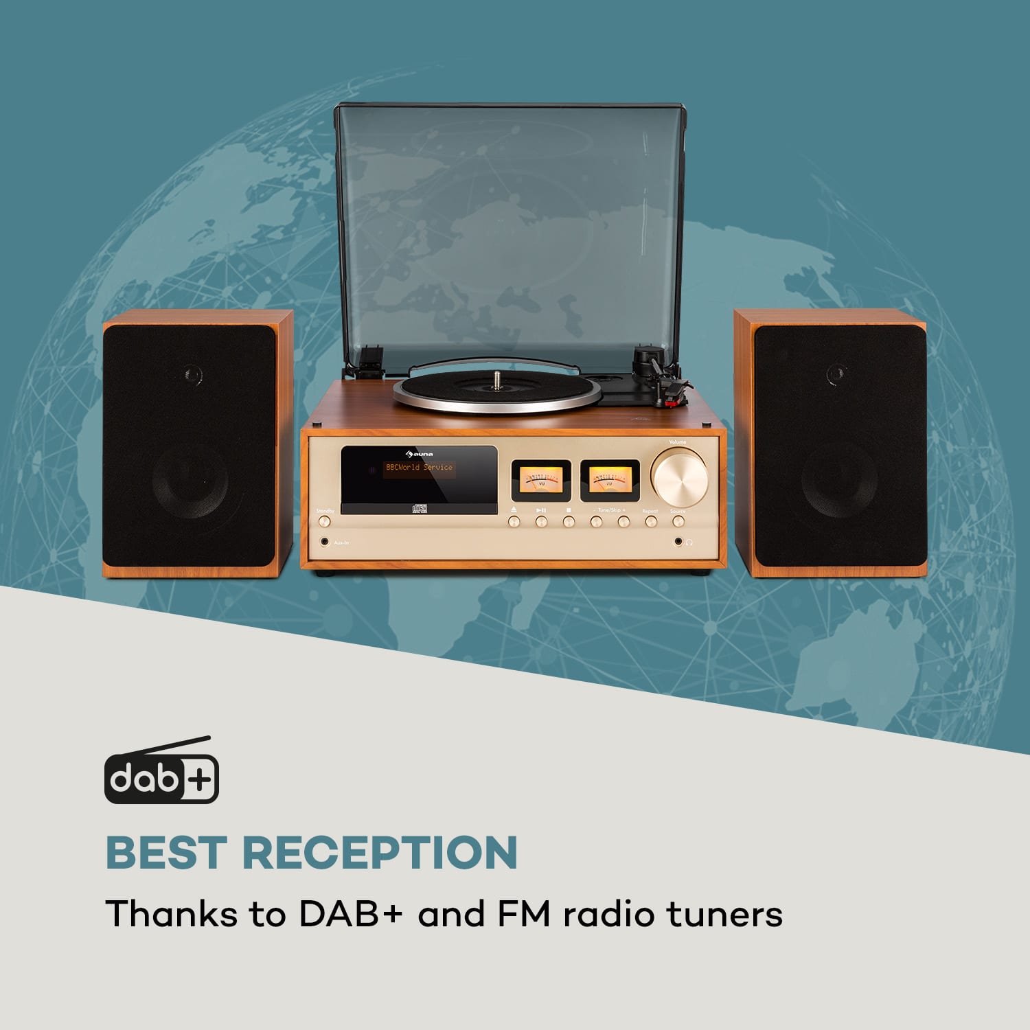 Auna Oxford, retro stereo systém, DAB+/FM rádio, BT funkcia, vinyl, CD, AUX, champagne – Obrázok 2